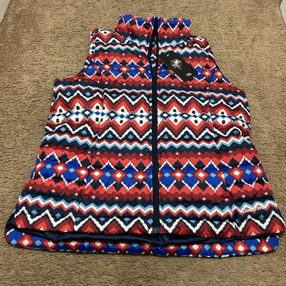 Lands End Womens Down Puffer Vest geometric Fair Isle Water Resistant Small NWT
